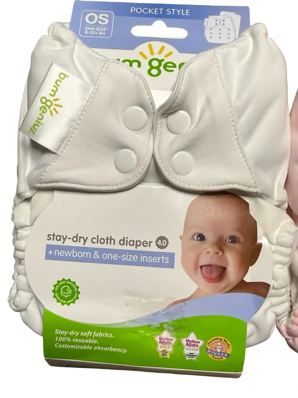 bumGenius Pocket Style Stay-Dry Cloth Diapers 2 White 1 Pink O/S 8-35 lbs new